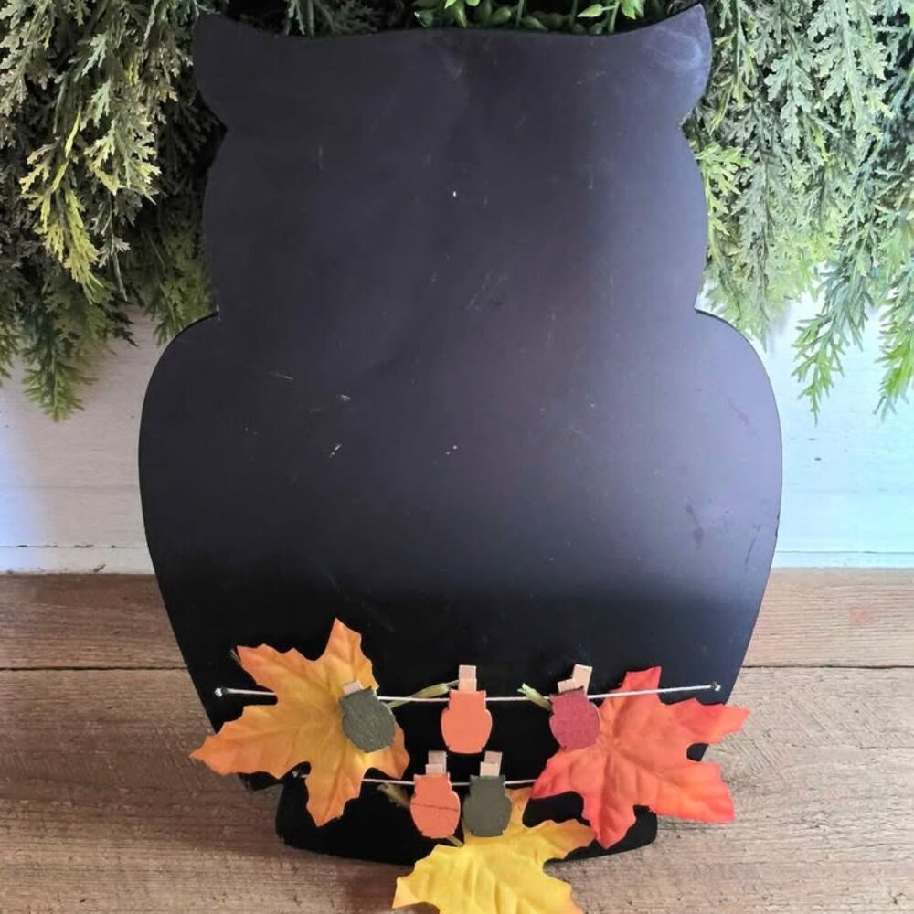 Primitive Owl Chalkboard Maple Leaf Wall Hanging Photo Hanger Fall Harvest Decor